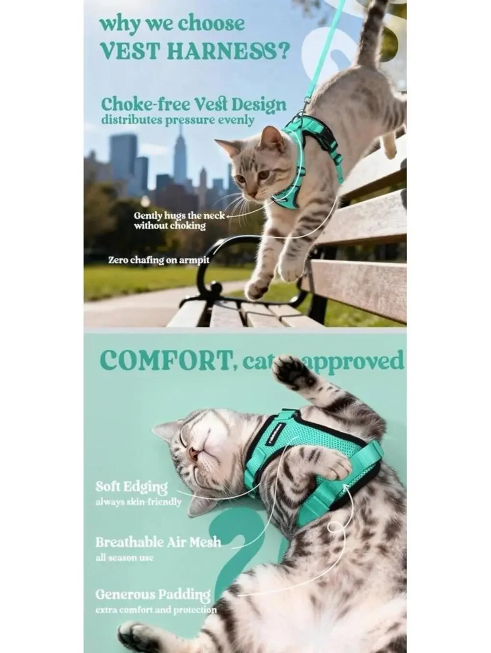Xs Cat Harness and Leash Set Adjustable Soft Mesh Teal Aqua Size XS Cat Walking